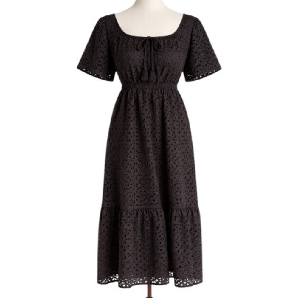 Johnny Was Black Eyelet Midi Dress Boho Flutter Sleeve Tassel Tie Size L